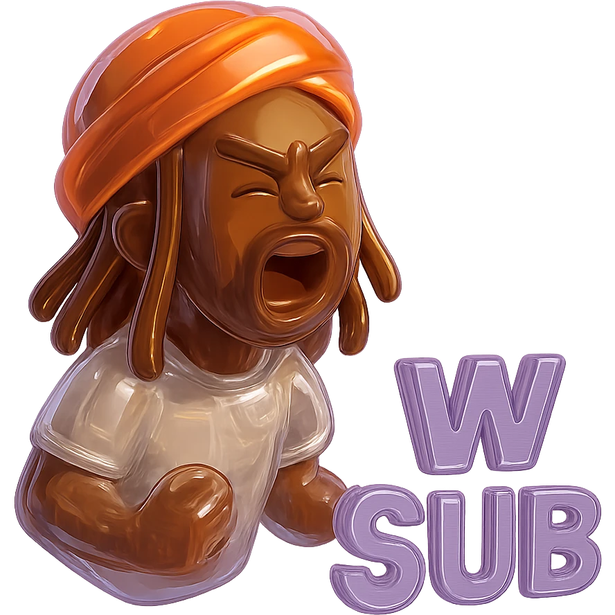 Brownskin man with long brown dreadlocks 
White  t-shirt 
orange turban 
expression is yelling 
Add the word W SUB emoji