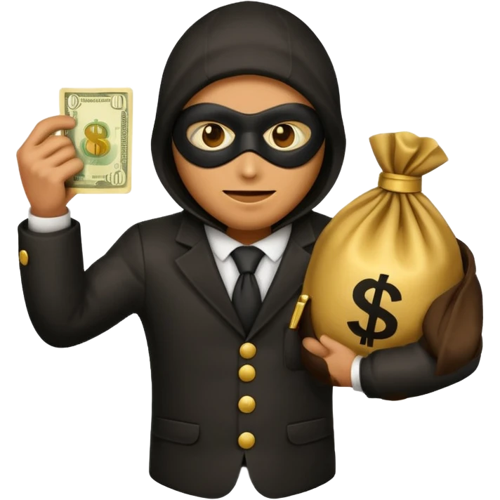 Robber emoji holding a 💰 wearing a mask that is made of robber suit without showing his hand the 💰 need to be in the left without is showing hands emoji
