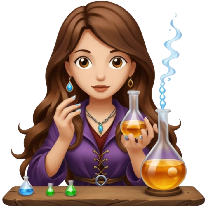 alchemist woman long wavy brown hair tattoos tasting potion drop emoji