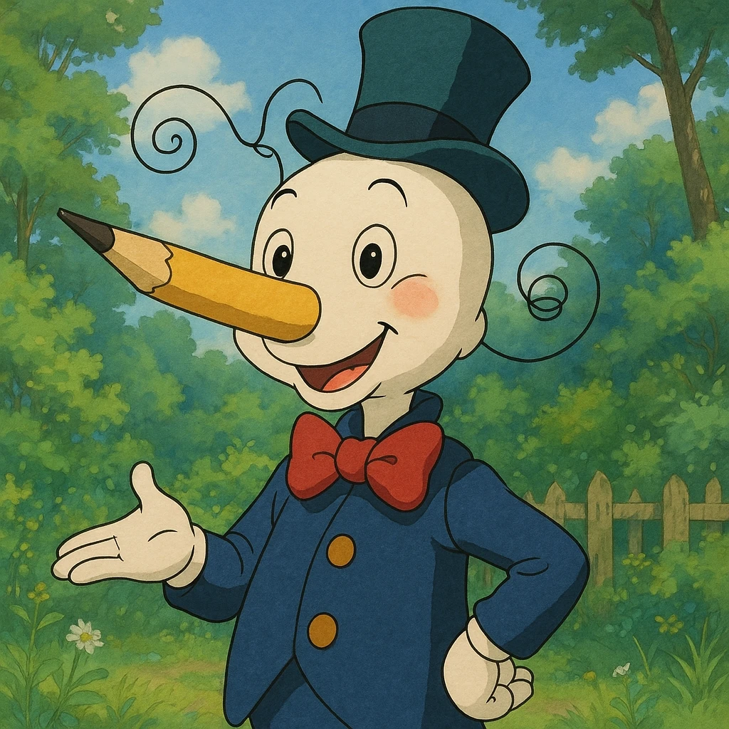 Mr. Squiggle, whimsical cartoon character with a pencil nose, playful and friendly expression, ghibli-inspired style emoji