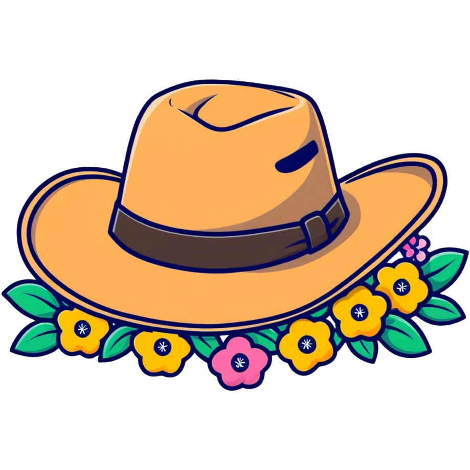 Cowgirl hat with wildflowers, colorful floral arrangement on a tan cowboy hat emoji