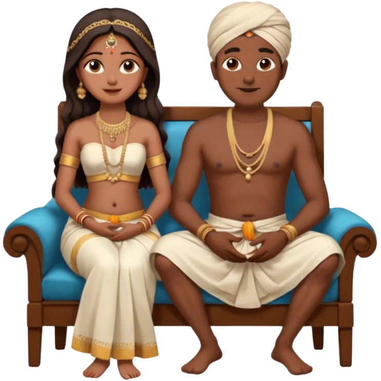 an indian bride sitting on her fathers lap. father is wearing a dhoti, shirtless and sitting on a chair emoji