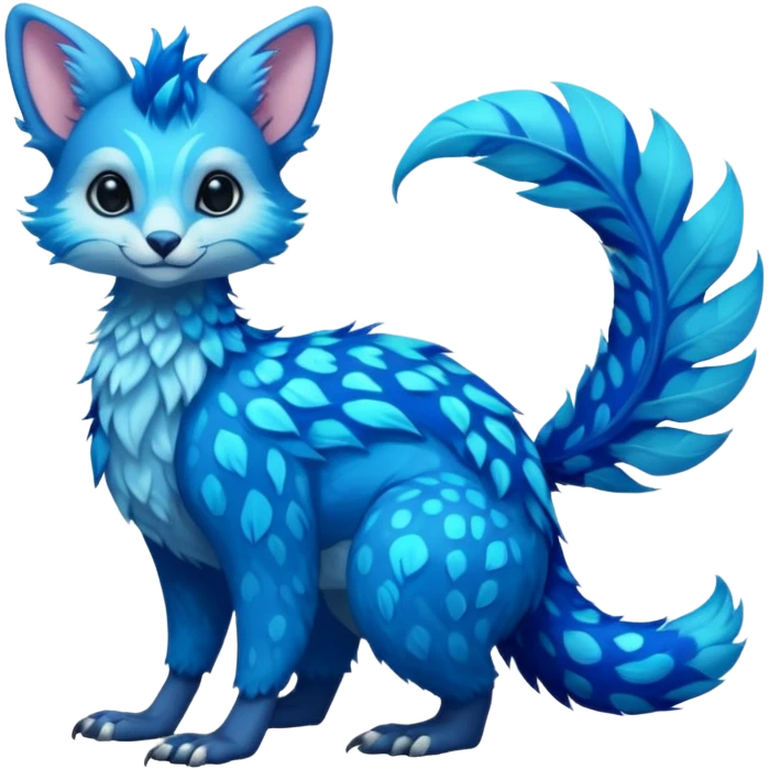 Feral Rare Fantasy shiny soft fuzzy furry vibrant tropical cobalt-blue and cyan Vernid-Trico-species-creature by LiLaiRa, random markings, tufted tail, tufted ears, full body emoji