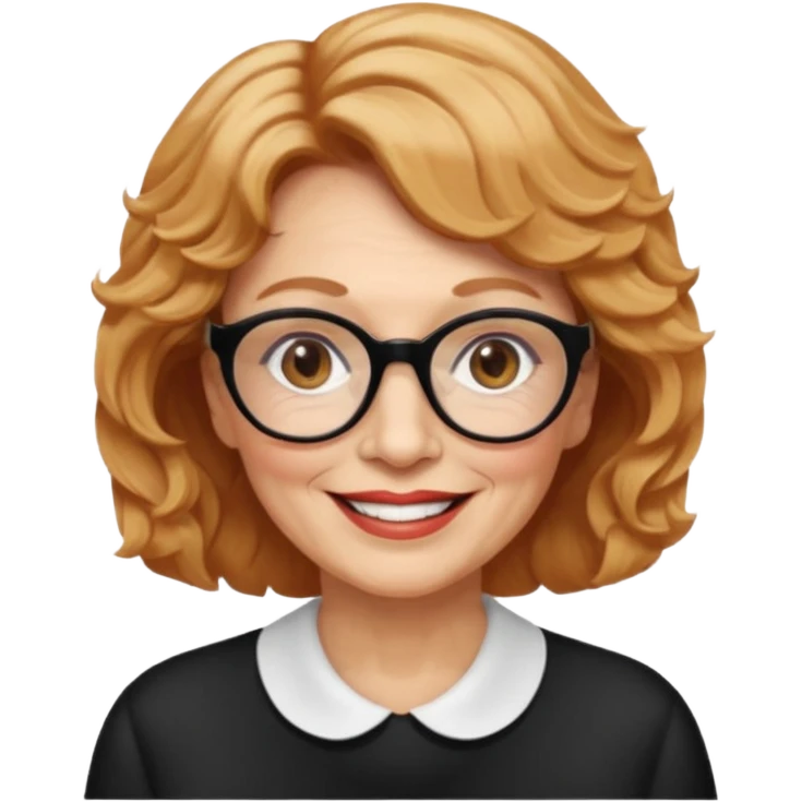 woman 70 years old, very short strawberry blonde weavy hair, brown eyes and round dark glasses smile emoji