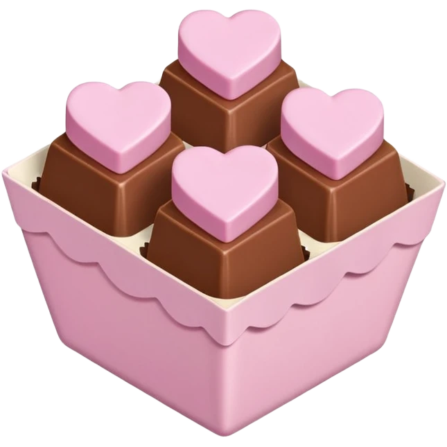 Two square milk chocolate , Each praline is a sharp-edged cube with smooth glossy chocolate coating, placed in a small white fluted paper candy cup. On top of each cube is a flat pastel pink heart-shaped icing emoji