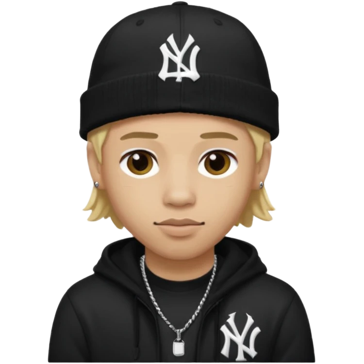 rapper da trắng, tóc vàng, full đen, có mũ len hãng MLB, đẹp trai
 emoji