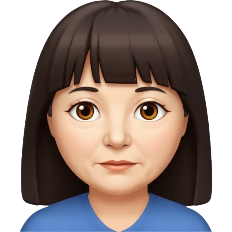 60 yr old woman, very small brown eyes, long straight dark brown hair, bangs, chubby, long face emoji