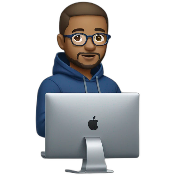 Brown short hair white man with a beard and round glasses typing on apple computer wearing a dark blue nike hoodie emoji