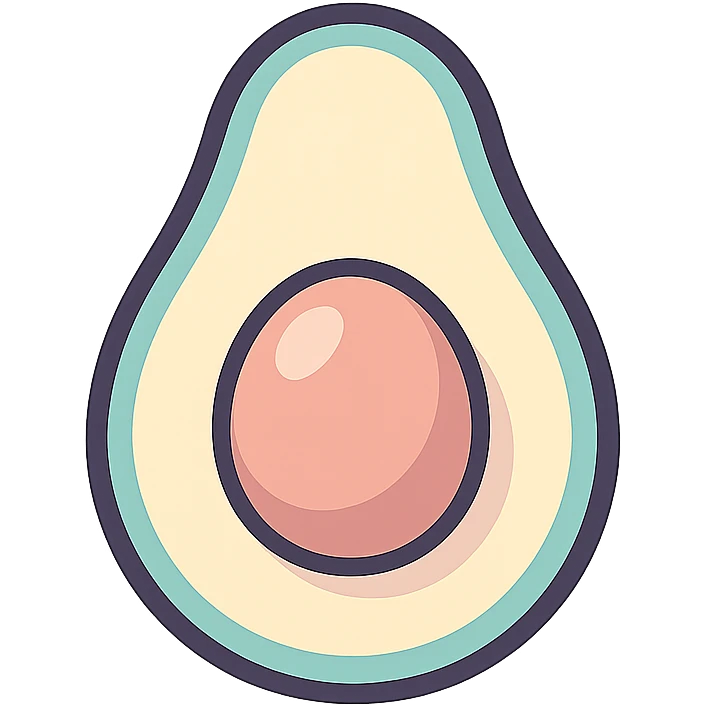 avocado, more volumetric 2D image, icon-color-outlined style, thin clean contours, soft rounded shapes, pastel palette #98B5BC, #B5B3C1, #C9A3C9, #E4C0CA, #F7DCD1, #F7C0AA, detailed shadows and highlights, soft lighting, transparent background, no decoration emoji