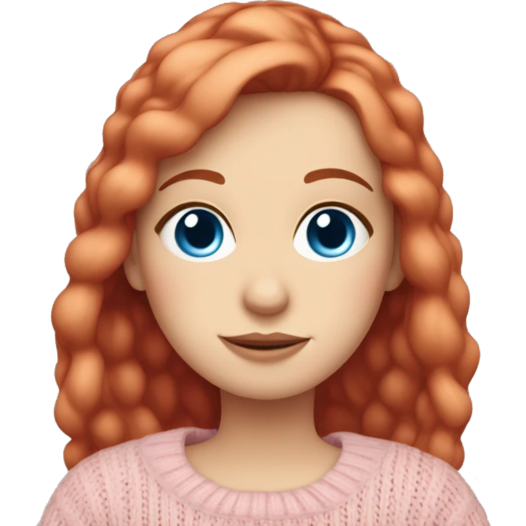 Pretty blue eyed white girl with red hair and light pink sweater reading cozy emoji