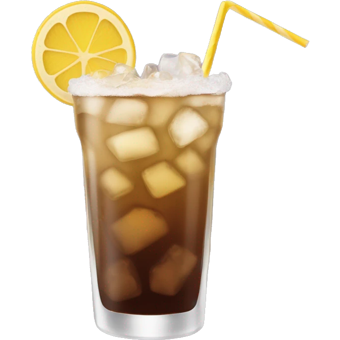 a hightball cocktail with 2 colors, brown on the bottom and light yellox on top with crush ice and a straw emoji