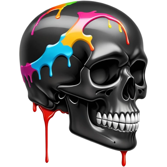 glossy black skull with street style colorful graffiti drips and iconic sports brand logos, side profile emoji