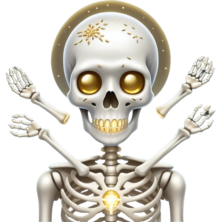 Silvery sardines, bright white yogurt, and golden sesame seeds orbiting around a glowing skeleton, with light beams connecting them to bones emoji