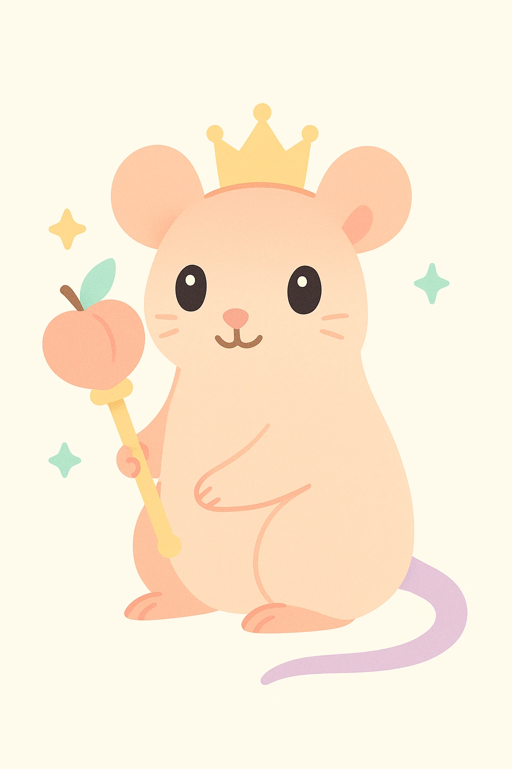 a regal rat with peach-colored fur, holding a scepter shaped like a peach, elegant and fantasy-inspired, soft pastel colors emoji