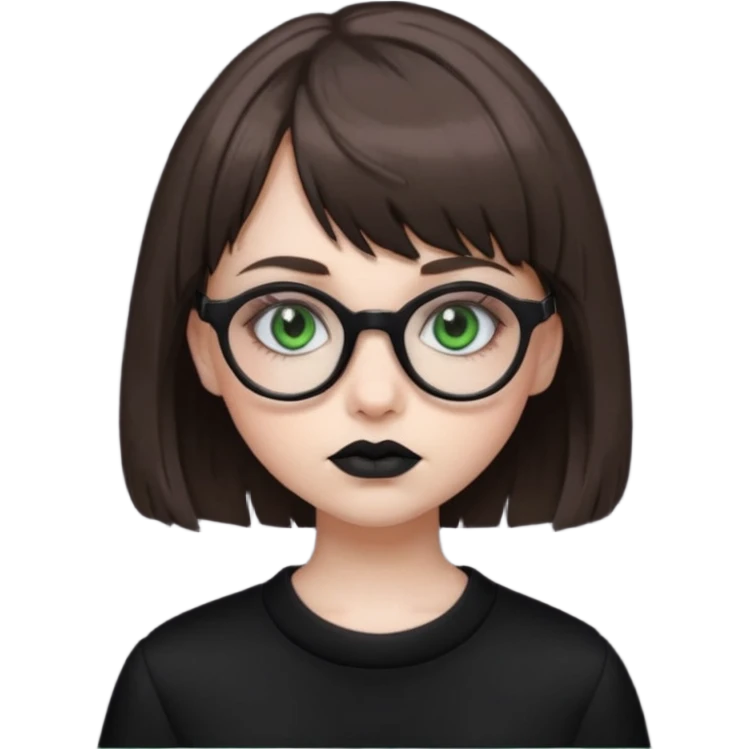 girl that has brown shaggy cut hair with baby bangs, has green eyes and wears glasses, she is goth  emoji