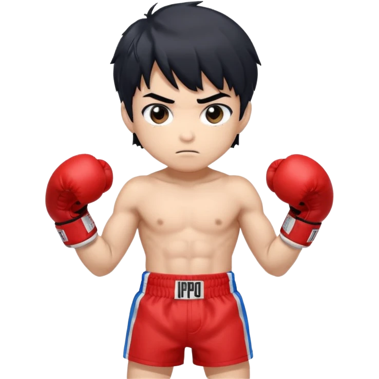 masterpiece, medium short plane, anime style, chibi, inspired by Ippo Makanouchi (Hajime no Ippo), young male boxer, short messy black hair, athletic and compact build, red boxing gloves, blue boxing shorts, big expressive eyes, clean lineart, vertical composition, TikTok avatar style,  emoji