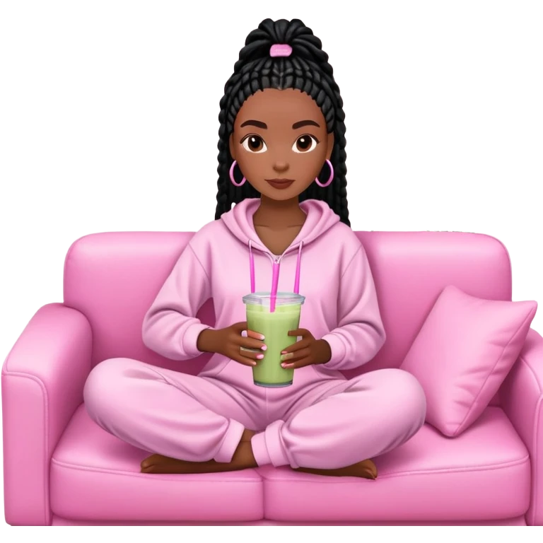 A dark-brown-skinned Black woman with black box braids, sitting on a pink couch, holding a smoothie cup with a straw, and looking relaxed. She’s wearing comfy loungewear in a cozy setting. emoji