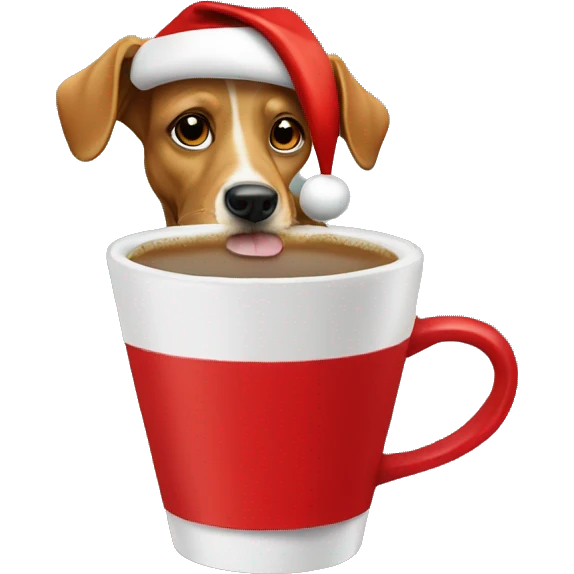 Dog drinking coffee with a Santa hat on emoji