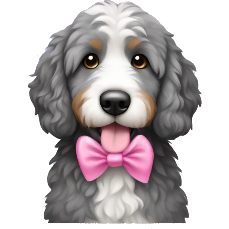 Grey bernedoodle with pink ribbon  emoji