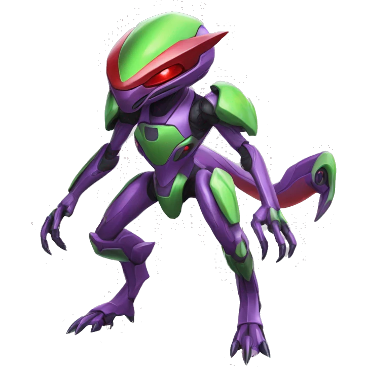 a shiny purple-green-red Genesect-Raptor-Fakémon—hybrid with a futuristic visor-helmet full body emoji