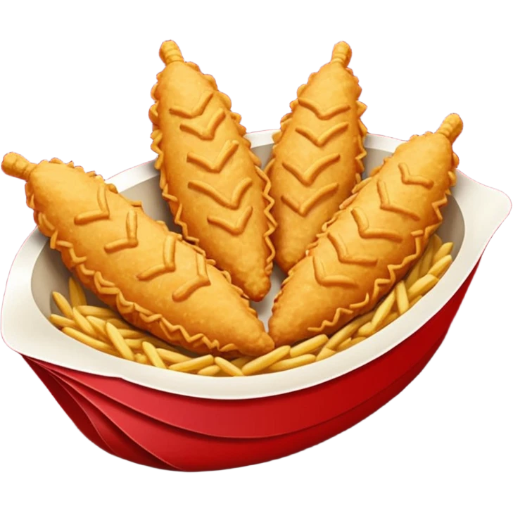 Five delicious breaded irregular chicken tenders in a red paper food boat emoji