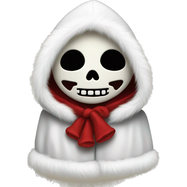 Cute, happy little skull wearing a red velvet hood with fluffy white fur trim. emoji