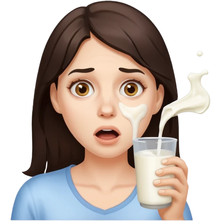 Brunette Woman with spilled milk on her face with a surprised face no glass  emoji