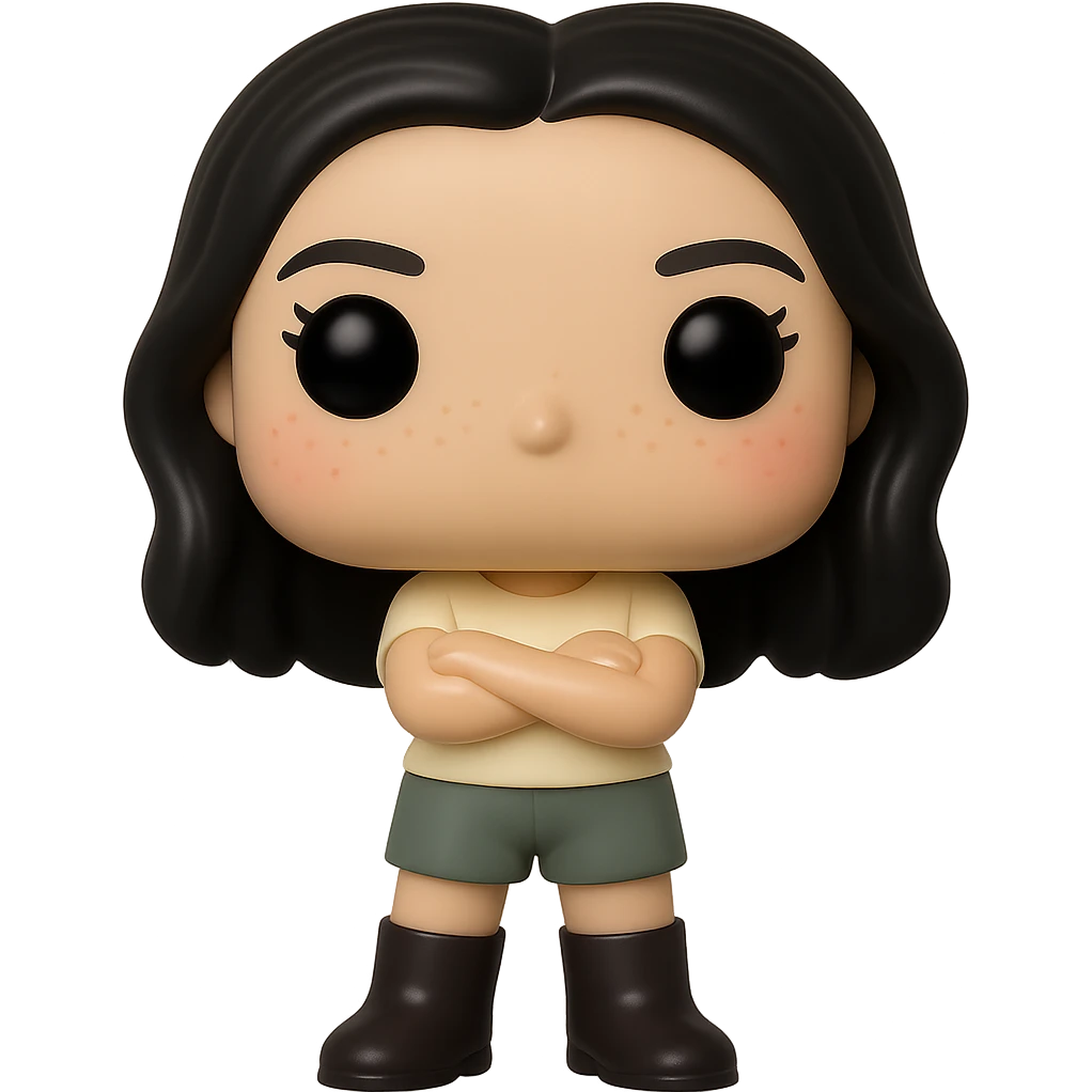 Edit the image into a Funko Pop style vinyl figure with realistic details. The figure should have no mouth, cream-colored top, grey bottoms, dark boots, and arms crossed. Add slightly rosy cheeks, very light freckles, and a mischievous and cheerful expression. The figure has dark hair. Remove the background to make it transparent. emoji