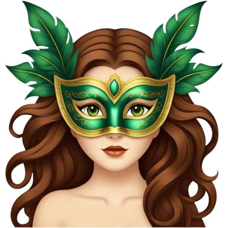Greeneyed Woman with Long Brown hair venetian mask emoji