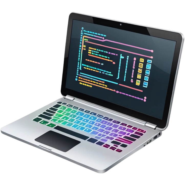 An icon featuring a laptop screen with colorful lines of code, brackets, and a blinking cursor, symbolizing programming. The design includes flowcharts, gear icons, and binary code, representing software development and logical problem-solving. Transparent background highlights the world of coding. emoji