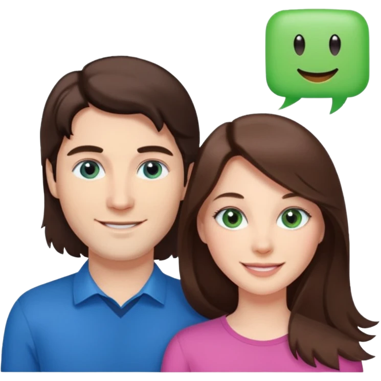 “A pink Polaroid-style photo of a couple: a white woman with long brunette hair and blue eyes, and a white man with short brunette hair and green eyes.” emoji