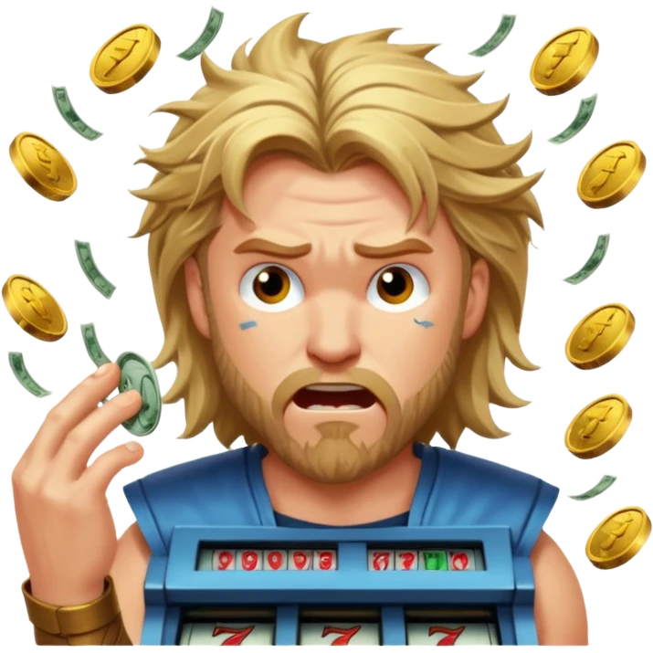 disheveled Thor losing money at a slot machine, panicked face, coins flying emoji