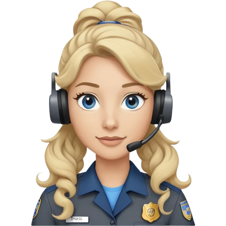 911 dispatcher wearing dark gray uniform with long blonde curly ponytail and blue/gray eyes emoji
