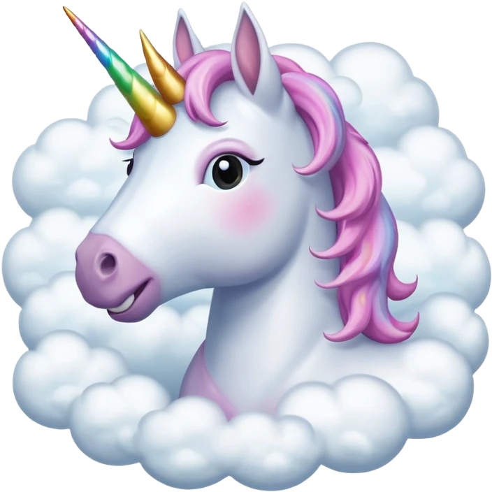 A unicorn flying through clouds, smiling dreamily, portrait, bust up emoji