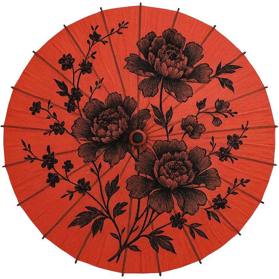 red Chinese parasol with black flowers, viewed from above, intricate floral design, minimal background emoji