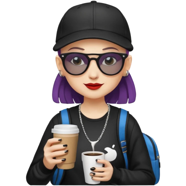["A happy woman with light skin, bald, wearing a baseball cap and sunglasses, dressed in goth fashion, is drinking coffee while holding a backpack."] emoji