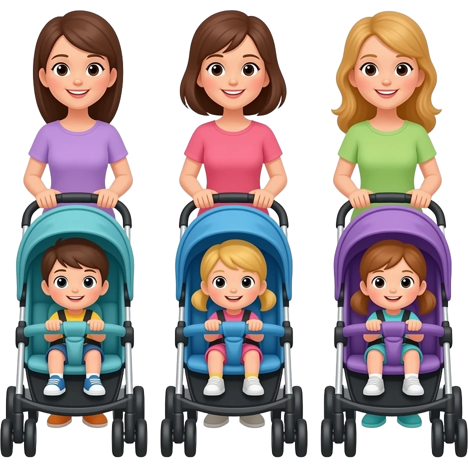 3 mothers pushing strollers with kids emoji