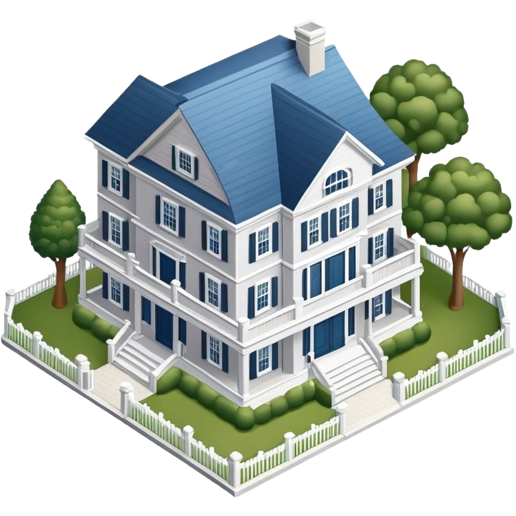 Hamptons mansion, isometric dollhouse-style, realistic emoji