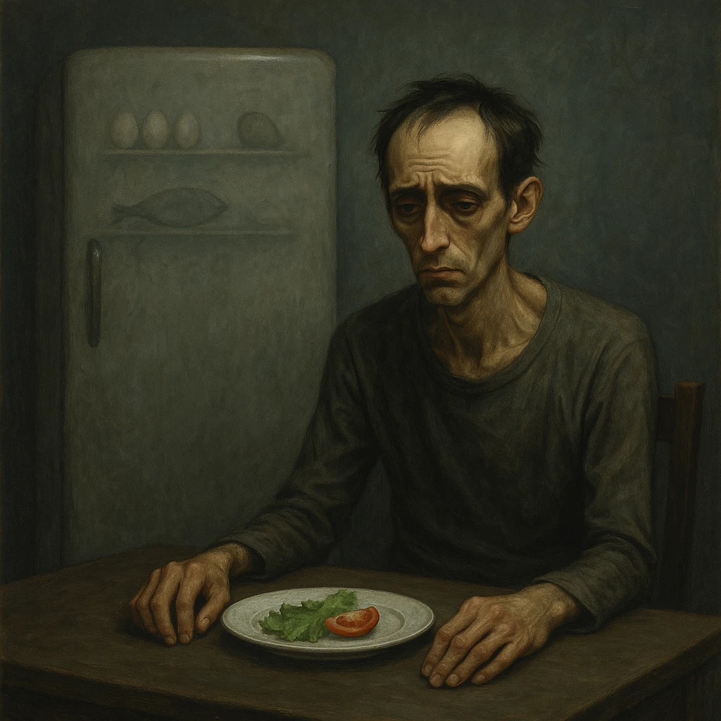 cinematic, symbolic realism; thin, weary man alone at a bare kitchen table, plate with lettuce and tomato slice, frustrated and low-energy expression, sunken eyes, cold empty background, closed fridge with eggs, avocado, fish inside, muted palette emoji