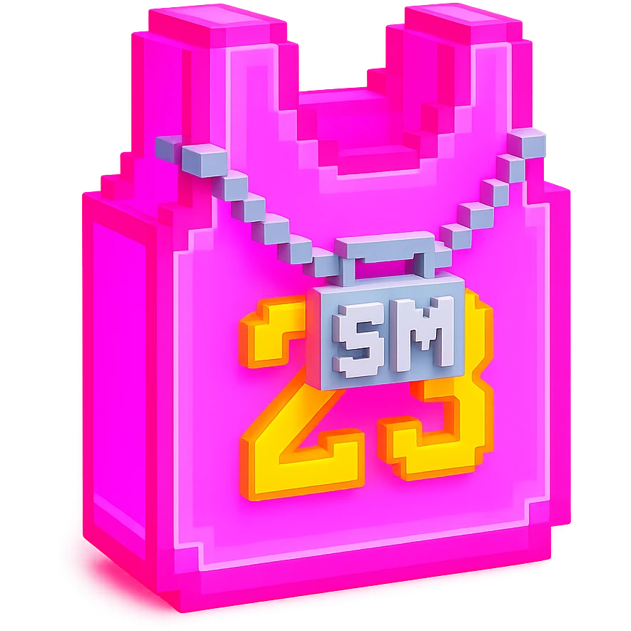 светящейся розовая баскетбольная майка с надписью "23" и серебряная цепь с надписью "SM", no background emoji