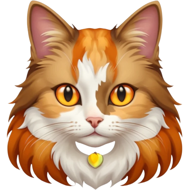 A Cat her race is persante he hair is grew and Brown and white with they eyes orange and Yellow and emoji