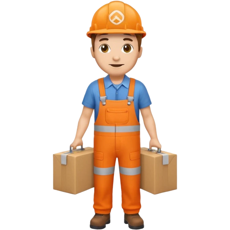 emoji style railway engineer full body in orange overalls, carrying a box with both hands emoji