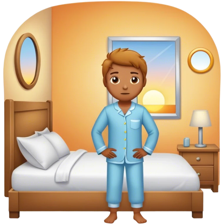 A person stands beside their bed, with determination. The bed behind them is neatly made, a mirror in front of them . A glowing sunrise outside signals the start of a productive day. emoji