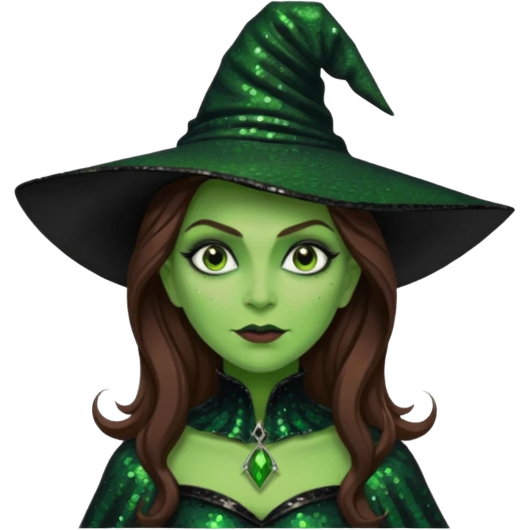 The Wicked Witch from Oz with long brown hair, green skin, black sequin outfit emoji