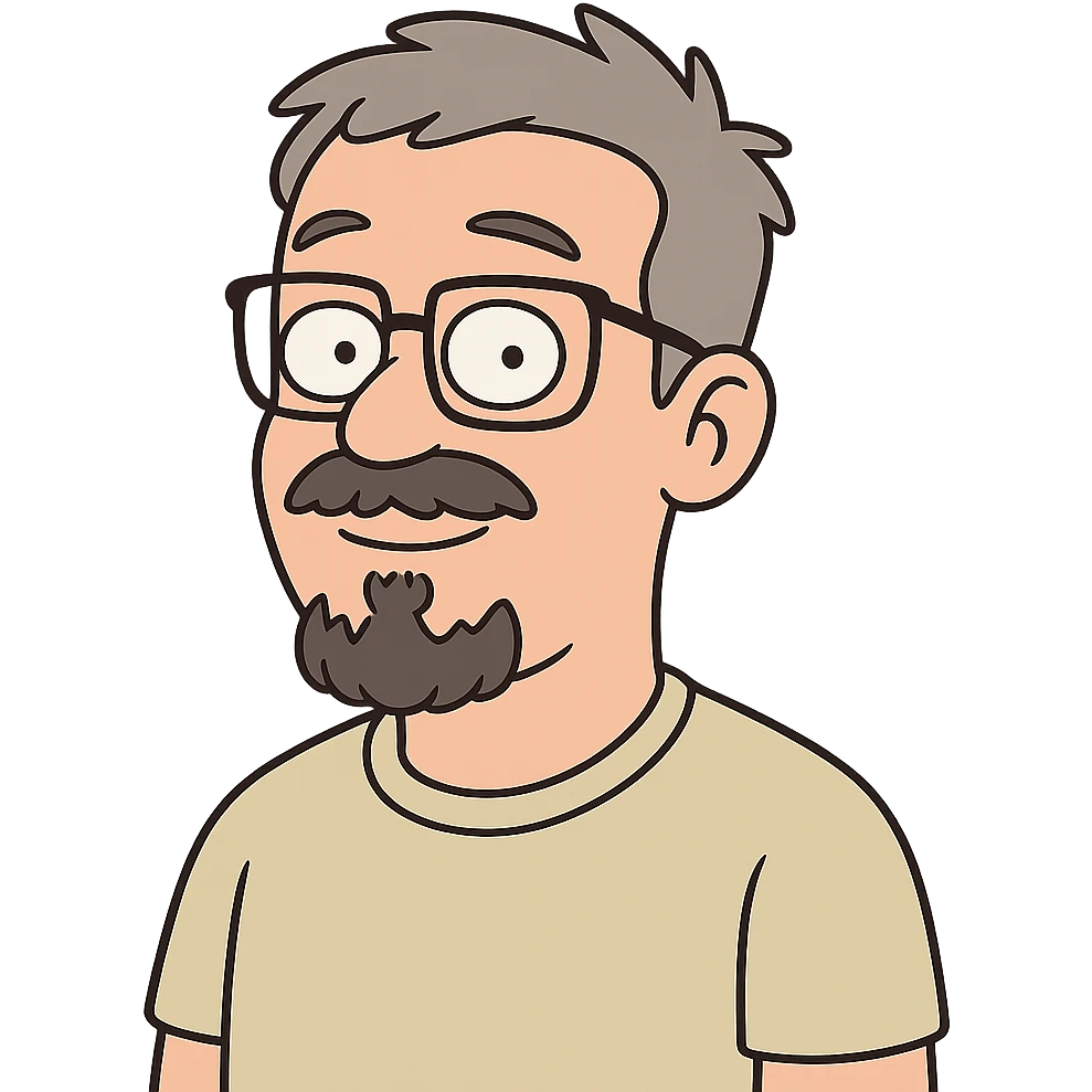 portrait with short gray hair, glasses, mustache and short goatee, cartoon style emoji
