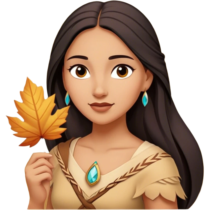 Cinematic Playful Pocahontas Portrait Emoji, Tilting her head with a knowing smirk, holding a delicate autumn leaf, eyes glimmering with adventure, an enchanting blend of confidence and charm, absolutely captivating! emoji