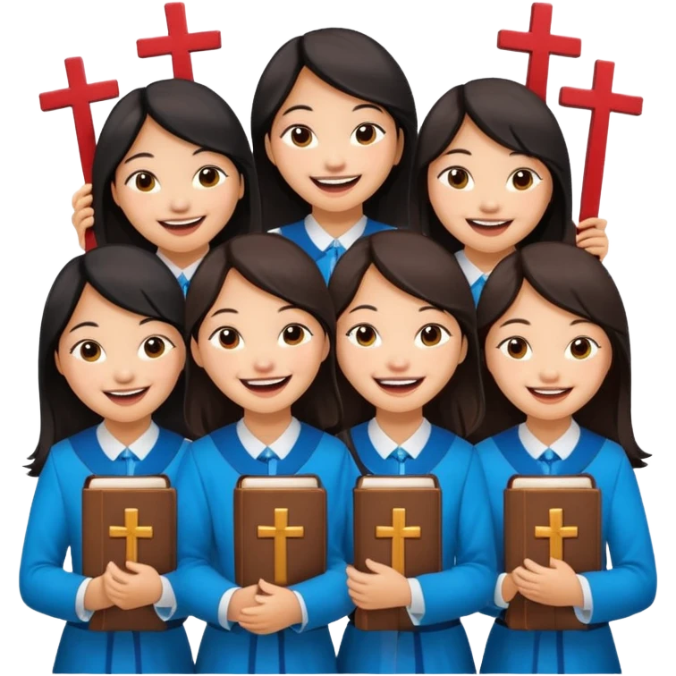 eight asian girls laughing with each other holding bibles and crosses and emoji