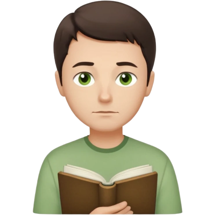 Thoughtful gentle man, fair skin, short dark brown hair, calm green eyes, simple light green shirt, waist-up front-facing, holding a closed book, serene expression, minimal background, soft lighting. emoji