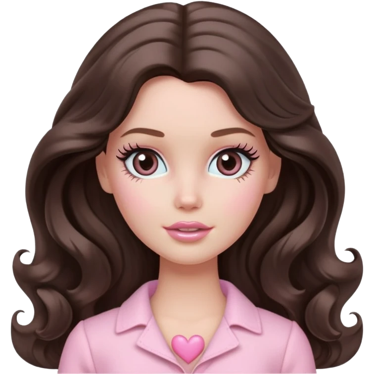 A white Barbie girl with long dark brown wavy hair in pale pink clothes has pale pink hearts instead of eyes, ogle emoji