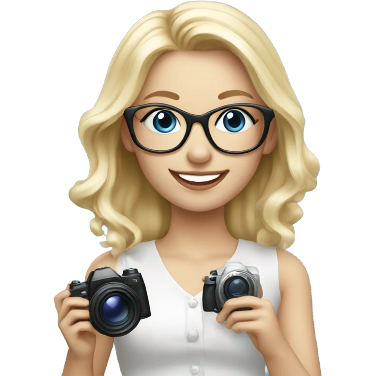 Elegant real blonde girl with glasses smiling blue eyes taking pictures with a camera  emoji